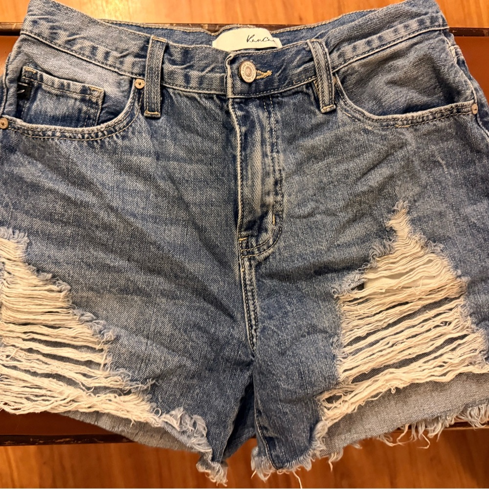 KanCan Medium Blue Distressed Denim Shorts - Picture 1 of 4
